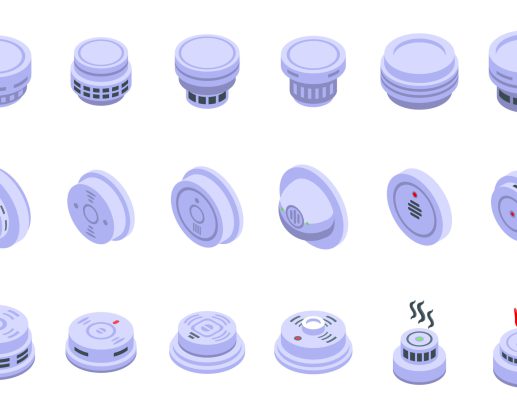 Smoke detector icons set isometric vector. Alarm celling. Fire accident